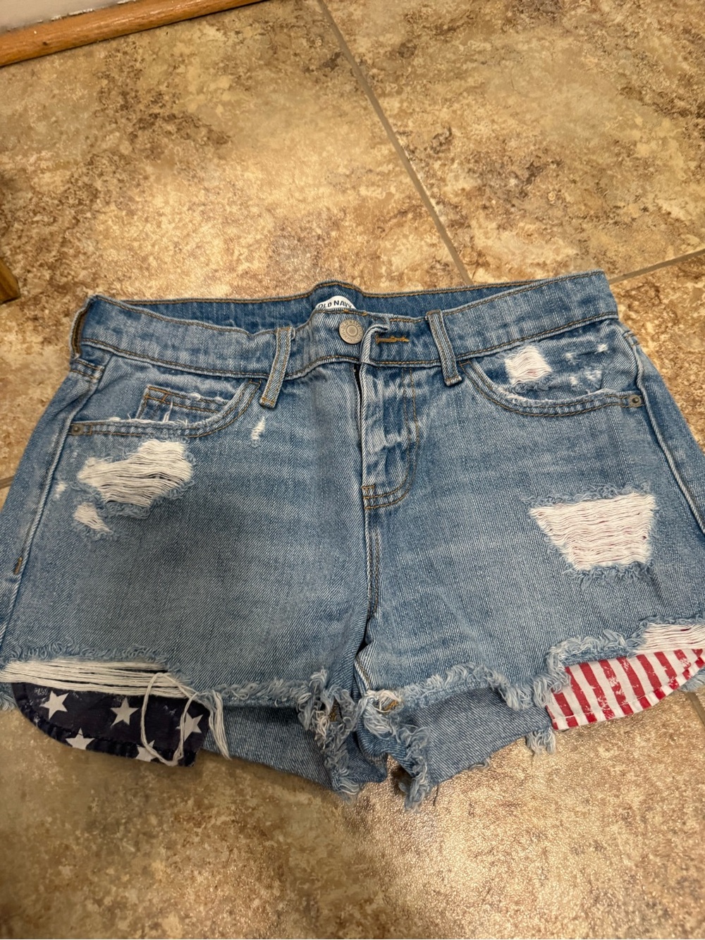 Old Navy Distressed Light Blue Denim Shorts with Flag Trim